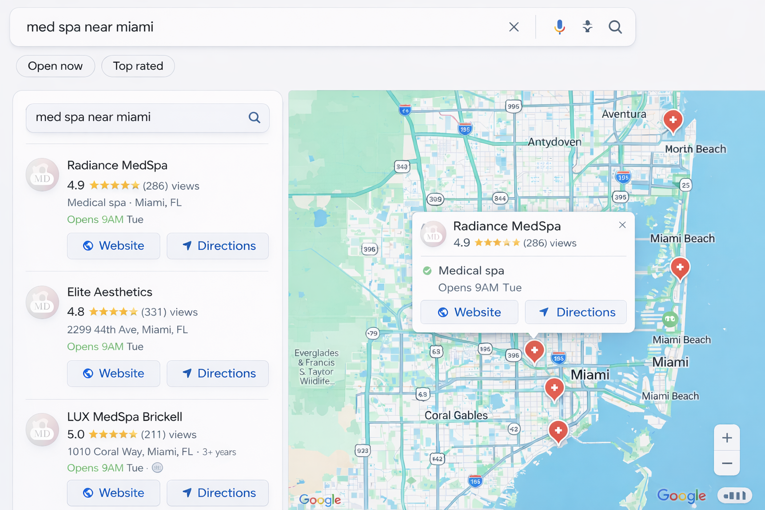 Local SEO for med spas showing Google Maps visibility